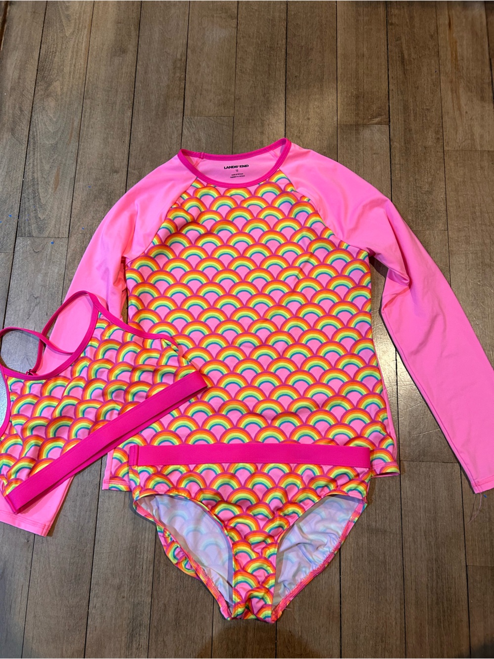 Lands' End Girls' Pink Rainbow Print One-Piece Rash Guard Swimsuit